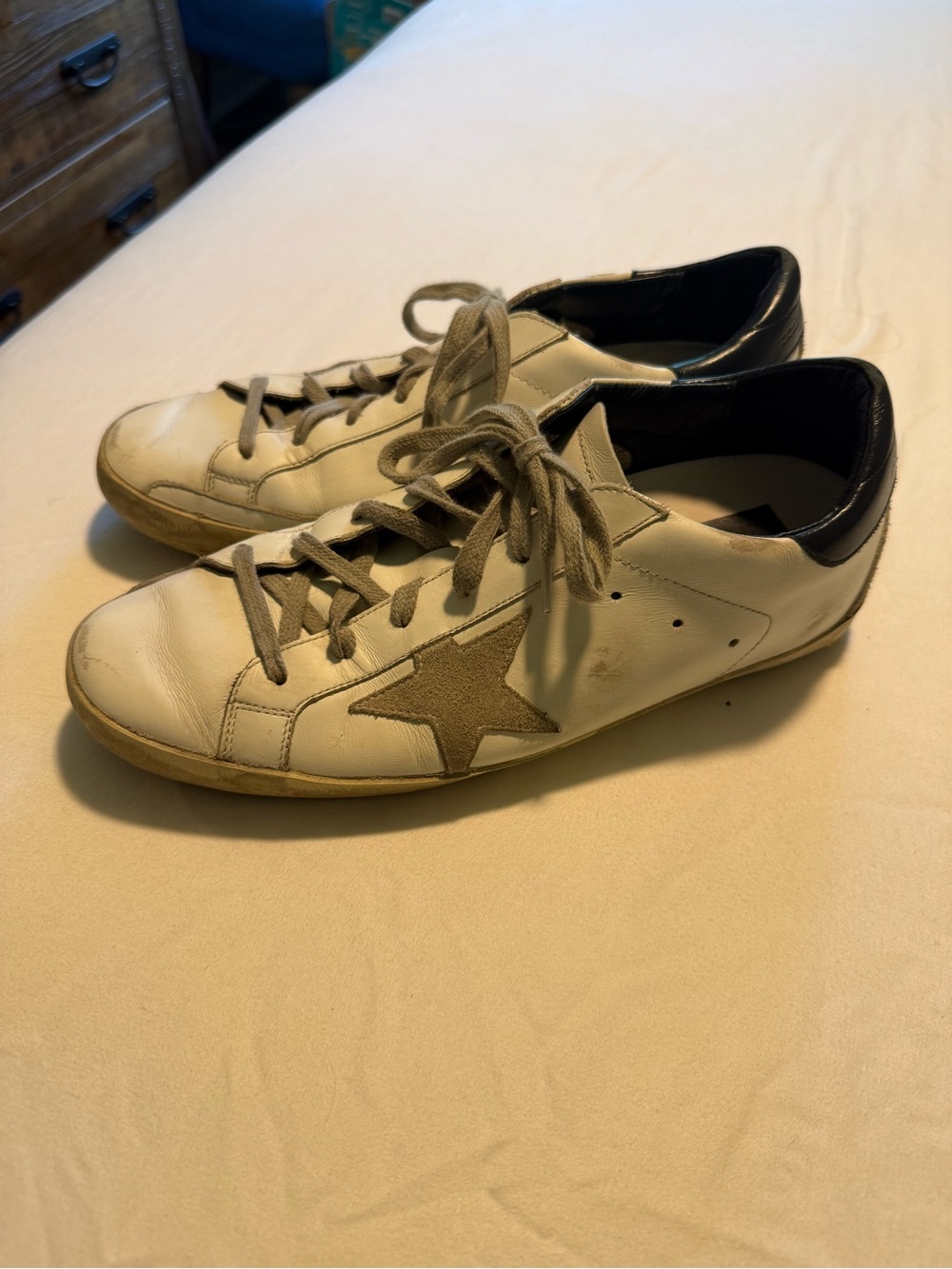 golden goose superstar sneakers w/gray star and navy heel tab - OFFERS ACCEPTED